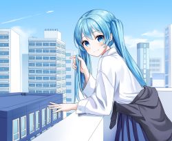 Rule 34 | 1girl, absurdres, aircraft, airplane, balcony, black jacket, blue eyes, blue hair, blue skirt, building, city, clothes around waist, commentary, contrail, day, hatsune miku, highres, holding, holding own hair, ille (xcpa7325), jacket, jacket around waist, leaning forward, long hair, looking at viewer, outdoors, pleated skirt, shirt, skirt, smile, solo, twintails, very long hair, vocaloid, white shirt