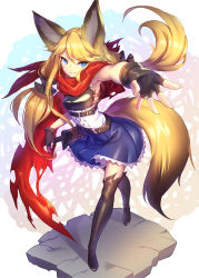 Rule 34 | &gt;:), 1girl, animal ears, armor, armpits, belt, black belt, black gloves, black thighhighs, blonde hair, blue eyes, blue skirt, breastplate, center frills, closed mouth, commentary request, copyright request, facial mark, fingerless gloves, fingernails, fox ears, fox girl, fox tail, frills, full body, gloves, hair between eyes, hand on hilt, highres, long hair, low twintails, outstretched arm, red scarf, scarf, shennai misha, shirt, skirt, sleeveless, sleeveless shirt, smile, solo, standing, sword, tail, thighhighs, twintails, v-shaped eyebrows, very long hair, weapon, white shirt