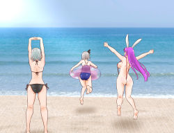 Rule 34 | 3girls, animal ears, arms up, ass, bare arms, bare legs, bare shoulders, barefoot, beach, bikini, black bikini, black ribbon, blue one-piece swimsuit, breasts, commentary request, competition school swimsuit, day, feet out of frame, from behind, full body, hair ribbon, halterneck, innertube, interlocked fingers, izayoi sakuya, jumping, konpaku youmu, large breasts, long hair, motion lines, multiple girls, ocean, one-piece swimsuit, outdoors, outstretched arms, own hands together, photo background, purple hair, rabbit ears, reisen udongein inaba, ribbon, school swimsuit, shadow, shiraue yuu, short hair, side-tie bikini bottom, sidelocks, silver hair, slingshot swimsuit, standing, stretching, swim ring, swimsuit, thighs, touhou, very long hair, water