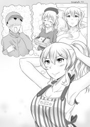 Rule 34 | 10s, 1boy, 1girl, puff of air, alternate costume, alternate hairstyle, apron, beret, casual, comic, commentary, greyscale, hat, highres, imagining, kantai collection, kashima (kancolle), monochrome, monochrome, bento, ponytail, robba-san (wangphing), tank top, twintails, tying hair, wangphing