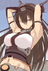 Rule 34 | &gt;:|, 10s, 1girl, :|, armlet, armpits, arms behind head, arms up, bad id, bad twitter id, belt, black gloves, blue background, breasts, brown eyes, brown hair, closed mouth, covered erect nipples, eyebrows, gloves, headgear, highres, inactive account, kantai collection, large breasts, long hair, midriff, nagato (kancolle), navel, serious, simple background, sketch, solo, stomach, underbust, upper body, v-shaped eyebrows, very long hair, wa (genryusui)