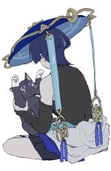 Rule 34 | 1boy, animal, armor, black bodysuit, black shorts, blue hat, blunt ends, bodysuit, bridal gauntlets, cat, crossed legs, eyeliner, eyeshadow, from behind, genshin impact, gold, hat, highres, holding, holding animal, holding cat, ike 0910, japanese armor, japanese clothes, jingasa, kimono, kimono around waist, kote, kurokote, layered clothes, layered kimono, leaning forward, makeup, male focus, multicolored hair, pleated shorts, purple eyes, purple hair, red eyeliner, red eyeshadow, scaramouche (cat) (genshin impact), scaramouche (genshin impact), shakujou, shorts, single bare shoulder, sitting, staff, streaked hair, tassel, tears, wanderer (genshin impact), whiskers, white background, white kimono