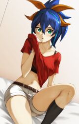 Rule 34 | 1girl, alternate costume, belt, blue hair, blush, bracelet, clothes lift, collarbone, comic, commission, feet out of frame, green eyes, hand up, jewelry, kneehighs, knees up, ponytail, red shirt, rourou ill, serena (yu-gi-oh!), shirt, shirt lift, short shorts, shorts, sitting, skeb commission, socks, solo, stomach, sweat, yu-gi-oh!, yu-gi-oh! arc-v