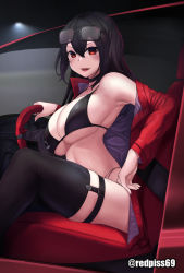 Rule 34 | azur lane, bikini, bikini top only, black hair, black thighhighs, breasts, car, eyewear on head, hand on own hip, large breasts, looking at viewer, motor vehicle, official alternate costume, race queen, red eyes, redpiss69, solo, steering wheel, sunglasses, swimsuit, taihou (azur lane), taihou (enraptured companion) (azur lane), thighhighs