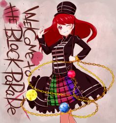 Rule 34 | 1girl, alternate costume, alternate headwear, baton, chain, collar, earth (ornament), english text, grin, hat, hecatia lapislazuli, highres, long hair, moon (ornament), multicolored clothes, multicolored skirt, my chemical romance, one eye closed, red eyes, red hair, rie-co, shirt, skirt, smile, solo, touhou