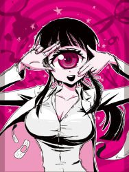 Rule 34 | 1girl, bandages, black hair, breasts, cleavage, cyclops, hime cut, hitomi (hitomi sensei no hokenshitsu), hitomi sensei no hokenshitsu, lab coat, large breasts, manaka hitomi, monster girl, one-eyed, pink eyes, ponytail, school nurse, scissors, shake-o, sketch, solo