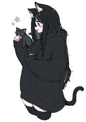 Rule 34 | 1girl, animal, animal ears, black cat, black eyes, black hair, black hoodie, blush, bright pupils, cat, cat ears, cat girl, cat tail, commentary request, cowboy shot, creature and personification, eyelashes, highres, holding, holding animal, hood, hoodie, long hair, megateru, messy hair, original, oversized clothes, simple background, sleeping animal, sleeves past wrists, smile, solo, tail, thighhighs, very long hair, white background, white pupils, zettai ryouiki