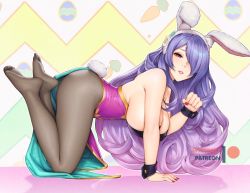 Rule 34 | 1girl, all fours, ass, bare shoulders, breasts, camilla (fire emblem), carrot, easter egg, egg, fire emblem, fire emblem fates, hair over one eye, large breasts, leotard, long hair, looking at viewer, mystra77, nail polish, nintendo, playboy bunny, purple eyes, rabbit ears, rabbit tail, solo, wavy hair, wrist cuffs
