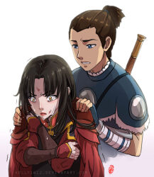 Rule 34 | 1boy, 1girl, artist name, avatar: the last airbender, avatar legends, azula, black hair, blue eyes, brown hair, commentary, commission, crying, crying with eyes open, deviantart username, english commentary, injury, kellylee, lips, lipstick, long hair, long sleeves, makeup, ponytail, red lips, short hair, signature, simple background, sokka, tears, watermark, weapon, weapon on back, web address, white background, yellow eyes