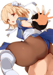Rule 34 | 10s, 1boy, 1girl, ass, bad anatomy, blue dress, boots, bracelet, brown pantyhose, bun cover, capcom, chun-li, chun-li (cosplay), cosplay, djeeta (granblue fantasy), double bun, dress, foreshortening, from behind, girl on top, granblue fantasy, hair bun, jewelry, kaisen chuui, knee boots, outstretched arms, pantyhose, puffy short sleeves, puffy sleeves, short sleeves, simple background, sitting, sitting on face, sitting on person, spiked bracelet, spikes, spread legs, street fighter, white background, white footwear