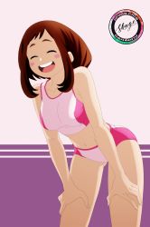 Rule 34 | 1girl, absurdres, armpits, artist name, bare shoulders, bikini, blush, blush stickers, body blush, boku no hero academia, breasts, brown eyes, brown hair, cleavage, closed eyes, collarbone, eyebrows, facing away, female focus, gluteal fold, hands on legs, hands on own thighs, happy, highres, leaning forward, legs, looking away, medium breasts, medium hair, midriff, navel, neck, open mouth, pink background, pink bikini, pink hair, shiny skin, shugo19, sidelocks, simple background, smile, spread legs, standing, swimsuit, thighs, two-tone background, two-tone bikini, uraraka ochako
