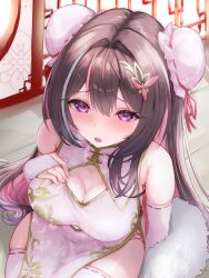 0806ohji 1girl azki_(hololive) black_hair blush breasts bun_cover china_dress chinese_clothes cleavage colored_inner_hair commentary_request detached_sleeves double_bun dress grey_hair hair_between_eyes hair_bun hair_ornament highres hololive large_breasts long_hair looking_at_viewer medium_breasts multicolored_hair open_mouth pelvic_curtain pink_hair purple_dress sitting solo streaked_hair thighhighs virtual_youtuber white_thighhighs