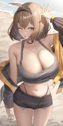 Rule 34 | 1girl, absurdres, ahoge, anis (nikke), arm up, armpits, beach, breasts, cleavage, collarbone, crop top, from above, goddess of victory: nikke, hair intakes, hairband, hand over face, highres, jacket, jeze, large breasts, light brown hair, midriff, navel, sand, short hair, short shorts, shorts, solo, sweat, water