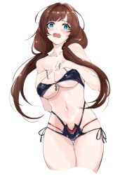 Rule 34 | 1girl, bikini, black bikini, blue eyes, breasts, brown hair, cosplay, covering breasts, covering privates, embarrassed, granblue fantasy, hair ornament, hairclip, large breasts, long hair, looking at viewer, low twintails, magus (granblue fantasy), magus (granblue fantasy) (cosplay), multi-strapped bikini bottom, navel, open mouth, pdbgat, raziel (granblue fantasy), side-tie bikini bottom, swimsuit, twintails, untied bikini top, white background