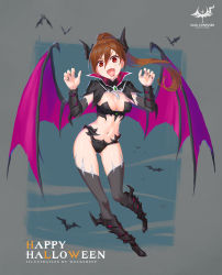 Rule 34 | 1girl, armor, bat (animal), bat wings, bikini armor, black capelet, black footwear, black nails, black thighhighs, blood, blood from mouth, breasts, brown hair, capelet, detached sleeves, english text, fangs, fingernails, full body, grey background, hair between eyes, halloween, highres, horns, long fingernails, long hair, looking at viewer, nail polish, navel, original, ponytail, red eyes, shoes, small breasts, solo, thighhighs, vampire, wings, wolksheep