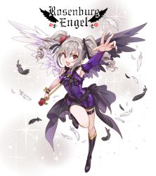 Rule 34 | 1girl, angel wings, ascot, asymmetrical wings, bare shoulders, black bow, blush, boots, bow, detached sleeves, dress, drill hair, feathered wings, feathers, flower, frills, hair bow, hair flower, hair ornament, halterneck, idolmaster, idolmaster cinderella girls, inzup, kanzaki ranko, long hair, open mouth, outstretched arm, purple dress, red eyes, rose, rosenburg engel, scepter, silver hair, single sleeve, sleeveless, sleeveless dress, solo, sparkle, thigh strap, twin drills, twintails, wand, wings, wristband