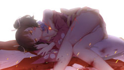 Rule 34 | 10s, 1girl, ass, bare legs, bare shoulders, breasts, brown eyes, brown hair, cangkong, choker, cleavage, eyelashes, floral print, frilled kimono, frills, glowing, glowing eyes, hair ribbon, highres, japanese clothes, kimono, koutetsujou no kabaneri, lying, medium breasts, mumei (kabaneri), obi, off shoulder, on side, panties, parted lips, petals, pillow, pink kimono, purple ribbon, ribbon, ribbon choker, sash, short kimono, solo, spoilers, twintails, underwear, upskirt, veins, white panties, wide sleeves, yellow eyes