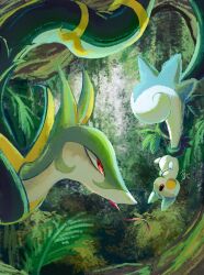Rule 34 | absurdres, commentary request, creatures (company), eye contact, from side, game freak, gen 4 pokemon, gen 5 pokemon, highres, ka-neito, leaf, looking at another, nintendo, no humans, pachirisu, pokemon, pokemon (creature), red eyes, serperior, snake, sweatdrop, tongue, tongue out, upside-down