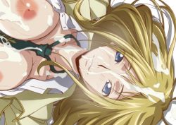 Rule 34 | 1girl, after fellatio, bed, blonde hair, blue eyes, breasts, code geass, collarbone, cum, cum in mouth, cum on body, cum on breasts, cum on hair, cum on upper body, facial, kyabakurabakufu, large breasts, looking at viewer, lying, milly ashford, necktie, nipples, no bra, on back, open clothes, parted lips, pillow, school uniform, short hair, smile, solo, sweat, upper body