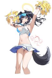 Rule 34 | 1boy, 1girl, absurdres, animal ears, armpits, arms up, doodle sensei (blue archive), bare shoulders, bikini, black hair, blue archive, breasts, cheerleader, cropped legs, dog ears, dog girl, dog tail, eyewear on head, goggles, goggles on head, halo, hibiki (blue archive), hibiki (cheer squad) (blue archive), highres, holding, holding pom poms, long hair, looking at viewer, medium breasts, midriff, millennium cheerleader outfit (blue archive), miniskirt, navel, panties, pom pom (cheerleading), pom poms, sensei (blue archive), simple background, skirt, sleeveless, solo focus, star sticker, sticker on face, stomach, sunglasses, sweat, swimsuit, tail, thighs, underwear, wanren (whter11), white background, white bikini, white panties, white skirt, yellow eyes