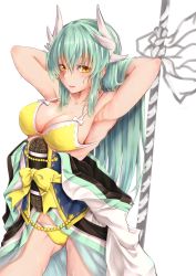 Rule 34 | 1girl, :d, absurdres, aqua hair, armpits, arms behind head, bare shoulders, bikini, blush, bow, breasts, cleavage, cowboy shot, fate/grand order, fate (series), groin, hair between eyes, hair bow, highres, horns, japanese clothes, kimono, kimono pull, kiyohime (fate), kiyohime (fate/grand order), kiyohime (swimsuit lancer) (fate), kiyohime (swimsuit lancer) (first ascension) (fate), kuromu, large breasts, long hair, looking at viewer, medium breasts, navel, open mouth, sidelocks, smile, solo, swimsuit, thighs, very long hair, wet, yellow bikini, yellow eyes