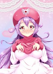Rule 34 | 1girl, breasts, commentary request, curly hair, dragon quest, dragon quest ii, dress, graphite (medium), hood, large breasts, long hair, long sleeves, looking at viewer, princess of moonbrook, purple hair, robe, smile, solo, standing, traditional media, white dress, white robe
