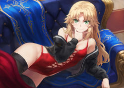 Rule 34 | 1girl, bare shoulders, black thighhighs, blonde hair, blush, breasts, cleavage, collarbone, fate/apocrypha, fate (series), green eyes, highres, long hair, looking at viewer, mordred (fate), mordred (fate/apocrypha), navel, parted bangs, sidelocks, small breasts, smile, solo, thighhighs, thighs, tonee