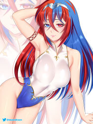 Rule 34 | 1girl, alear (female) (fire emblem), alear (fire emblem), blue eyes, blue hair, braid, breasts, crossed bangs, crown braid, etchimune, fire emblem, fire emblem engage, heterochromia, large breasts, long hair, looking at viewer, medium breasts, multicolored hair, nintendo, one-piece swimsuit, red eyes, red hair, smile, solo, split-color hair, swimsuit, two-tone hair, very long hair