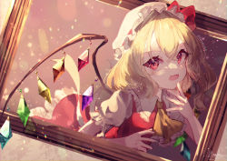 Rule 34 | 1girl, ascot, blonde hair, blush, bow, carume cuo, commentary, crystal, fang, flandre scarlet, frilled shirt collar, frilled skirt, frills, hair between eyes, hands up, hat, hat bow, highres, looking at viewer, medium hair, mob cap, open mouth, picture frame, puffy short sleeves, puffy sleeves, red bow, red eyes, red skirt, red vest, shirt, short sleeves, signature, skin fang, skirt, solo, through medium, through painting, touhou, twitter username, upper body, vest, white hat, white shirt, wings, yellow ascot