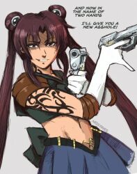 Rule 34 | 1girl, alternate costume, black lagoon, brown hair, commentary, cosplay, dual wielding, english commentary, english text, gloves, grey background, grin, gun, holding, holding gun, holding weapon, jewelry, long hair, looking at viewer, midriff, miss faves, navel, revy (black lagoon), shoulder tattoo, skirt, smile, solo, tattoo, twintails, weapon, white gloves
