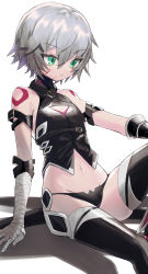 Rule 34 | 1girl, arm support, bad id, bad pixiv id, bandaged arm, bandaged hand, bandages, bare shoulders, black gloves, black panties, black shirt, black thighhighs, blood, blood on face, blush, breasts, commentary request, fate/grand order, fate (series), feet out of frame, gloves, green eyes, grey hair, groin, hair between eyes, hayama eishi, highres, jack the ripper (fate/apocrypha), looking away, navel, panties, parted lips, scar, scar across eye, scar on face, shadow, shirt, short hair, shoulder tattoo, sleeveless, sleeveless shirt, small breasts, solo, tattoo, thighhighs, underwear, white background