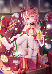 Rule 34 | absurdres, ahoge, animal ears, antlers, bare shoulders, cat ears, chinese commentary, choker, christmas, collarbone, commentary request, dated, detached sleeves, double bun, fur trim, gift, glass writing, hair bun, highres, horns, indoors, legs, lights, long hair, long sleeves, miaogujun, nail polish, o-ring, o-ring top, original, ornament, pantyhose, pink hair, pink nails, purple eyes, red shirt, reindeer antlers, religious offering, ribbon, santa costume, shirt, sitting, smile, soles, thighs, tongue, tongue out, unworn pantyhose, white legwear, window