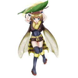 Rule 34 | 1girl, absurdres, antennae, arms up, arthropod girl, bee costume, bee girl, biburu, blonde hair, blouse, blue eyes, blue thighhighs, capelet, full body, fur trim, highres, honey, insect girl, insect wings, layered skirt, leaf, looking at viewer, microskirt, open mouth, original, over-kneehighs, ribbon-trimmed legwear, ribbon trim, sandals, shirt, short hair, short sleeves, simple background, skirt, solo, standing, standing on one leg, thighhighs, white background, wings, wrist cuffs