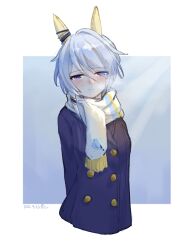 Rule 34 | 1girl, animal ears, arms behind back, blue coat, blue hair, blush, breath, buttons, closed mouth, coat, cropped torso, double-breasted, ear covers, half-closed eyes, highres, horse ears, long sleeves, looking at viewer, purple eyes, saramiao-chan, scarf, seiun sky (umamusume), short hair, smile, solo, umamusume, upper body