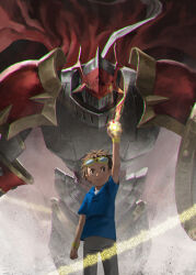 Rule 34 | 1boy, 1other, armor, brown hair, cape, digimon, digimon (creature), digimon tamers, digivice, dukemon, goggles, goggles on head, highres, lance, matsuda takato, mayozom, polearm, red cape, shield, size difference, weapon