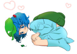 Rule 34 | 1girl, backpack, bad id, bad pixiv id, bag, blue eyes, blue hair, boots, clover, female focus, four-leaf clover, hair bobbles, hair ornament, hat, heart, ica, kawashiro nitori, matching hair/eyes, short hair, solo, touhou, two side up