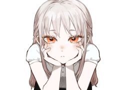 Rule 34 | 1girl, closed mouth, head rest, long hair, looking at viewer, orange eyes, original, shirt, simple background, solo, tsu (lovesick1964), two (tsu (lovesick1964)), upper body, white background, white hair, white shirt