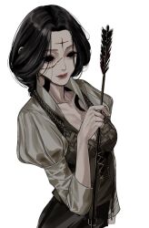 Rule 34 | 1girl, amikoiiko, arrow (projectile), black eyes, black hair, breasts, character request, cleavage, dragon&#039;s dogma, dragon&#039;s dogma (series), highres, holding, hollow eyes, long hair, medium breasts, ponytail, scar, scar on face, simple background, solo, tagme, white background