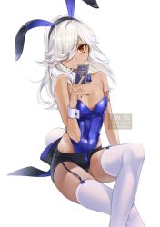 Rule 34 | 1boy, absurdres, animal ears, black shorts, blue leotard, bow, bowtie, card, crossdressing, cyno (genshin impact), dark-skinned male, dark skin, detached collar, fake animal ears, fake tail, genshin impact, hair over one eye, harochan, highres, leotard, long hair, looking at viewer, male focus, parted lips, playboy bunny, playing card, rabbit ears, rabbit tail, red eyes, short shorts, shorts, simple background, sitting, solo, tail, thighhighs, trap, twitter username, white background, white hair, white thighhighs