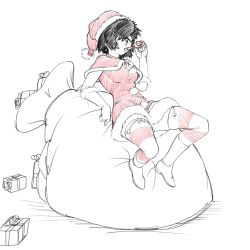Rule 34 | 1girl, alternate costume, artist request, black hair, breasts, candy, candy cane, food, food in mouth, full body, gift, hair over one eye, highres, nazo no kanojo x, popsicle, popsicle in mouth, ribbon-trimmed thighhighs, ribbon trim, saliva, santa costume, short hair, solo, striped clothes, striped thighhighs, thighhighs, urabe mikoto