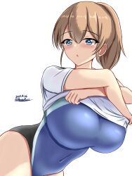 Rule 34 | 1girl, :o, black one-piece swimsuit, blue eyes, blue one-piece swimsuit, blush, breasts, brown hair, competition swimsuit, covered navel, cowboy shot, dated, hair between eyes, highleg, highleg swimsuit, highres, impossible clothes, impossible swimsuit, intrepid (kancolle), kantai collection, large breasts, looking at viewer, montemasa, multicolored clothes, multicolored swimsuit, one-piece swimsuit, ponytail, shirt, short hair, short sleeves, simple background, solo, swimsuit, swimsuit under clothes, twitter username, two-tone swimsuit, undressing, white background, white shirt