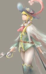 Rule 34 | ascot, blonde hair, blue eyes, boots, brooch, cape, chevalier d&#039;eon (fate), cowboy shot, fate/grand order, fate (series), from side, gloves, hat, highres, holding, holding sword, holding weapon, hometa, impossible clothes, jacket, jewelry, knee boots, long hair, looking at viewer, plume, sketch, smile, solo, sword, weapon