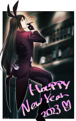 Rule 34 | 1boy, 2023, absurdres, animal ears, bar (place), bar stool, black gloves, black hair, black pants, black suit, brown eyes, cigar, fake animal ears, fake tail, fate/grand order, fate (series), formal, from behind, gloves, happy new year, highres, holding, holding cigar, long hair, looking at viewer, lord el-melloi ii, male focus, male playboy bunny, new year, pants, profile, rabbit ears, rabbit tail, shababuru, signature, sitting, smoking, solo, stool, suit, tail, waver velvet