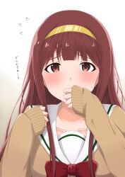 Rule 34 | 1girl, absurdres, blush, bow, bowtie, brown eyes, brown hair, brown sweater, collarbone, covering own mouth, dashimeshi, flying sweatdrops, hairband, hands up, highres, idolmaster, idolmaster million live!, long bangs, long sleeves, looking at viewer, raised eyebrows, red bow, red bowtie, sailor collar, school uniform, serafuku, simple background, sleeves past wrists, solo, straight-on, sweater, tanaka kotoha, traditional bowtie, translation request, upper body, white background, white sailor collar, yellow hairband