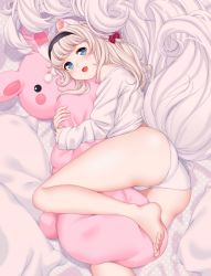 Rule 34 | 1girl, animal ear fluff, bare shoulders, barefoot, bed sheet, blade &amp; soul, blonde hair, blue eyes, fang, hair ribbon, hairband, highres, large tail, long hair, lying, lyn (blade &amp; soul), multiple tails, hugging object, on side, open mouth, panties, pillow, pillow hug, rabbit, red ribbon, ribbon, shirt, solo, stuffed toy, susukitten, tail, thighhighs, underwear, white panties, white shirt
