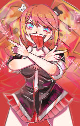 Rule 34 | 1girl, absurdres, bear hair ornament, black shirt, blonde hair, blouse, blue eyes, bow, bowtie, breasts, choker, cleavage, collarbone, collared shirt, crossed arms, danganronpa: trigger happy havoc, danganronpa (series), ears, enoshima junko, eyelashes, fake nails, finger gun, fingernails, hair ornament, highres, nail polish, necktie, open mouth, pleated skirt, red skirt, saliva, shirt, short sleeves, simple background, skirt, teeth, tongue, tongue out, twintails, upper body, upper teeth only