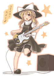 Rule 34 | 1girl, bad id, bad pixiv id, bike shorts, blonde hair, braid, dress, female focus, full body, guitar, hat, highres, instrument, kirisame marisa, latex, lock heart (juuryokudou), open mouth, plectrum, shoes, solo, touhou, translated, white background, wink, witch, witch hat, yellow eyes