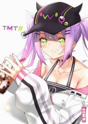 Rule 34 | 1girl, absurdres, black hat, blush, breasts, bubble tea, c@rbon, ear piercing, fake horns, green eyes, hat, highres, hololive, horned headwear, horns, medium breasts, parted lips, piercing, purple hair, sidelocks, smile, solo, tokoyami towa, twintails, virtual youtuber