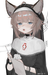 Rule 34 | 1girl, :o, absurdres, ahoge, animal ear fluff, animal ears, arknights, beamed eighth notes, blue eyes, blush, brown hair, dated, ears through headwear, eighth note, flower, habit, half-closed eyes, highres, holding, infection monitor (arknights), long sleeves, looking at viewer, musical note, nun, open mouth, quarter note, rose, simple background, solo, sussurro (arknights), teeth, traditional nun, treble clef, upper body, upper teeth only, veil, white background, white flower, white rose, wide sleeves, yumingtongxue