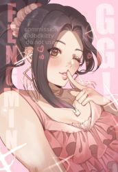 Rule 34 | 1girl, alternate costume, alternate hairstyle, black hair, breasts, brown eyes, cleavage, commentary, commission, dead by daylight, dress, earrings, english commentary, feng min, hair behind ear, highres, jewelry, kitty keihara, looking at viewer, necklace, one eye closed, parted bangs, parted lips, pink background, pink dress, smile, solo, watermark